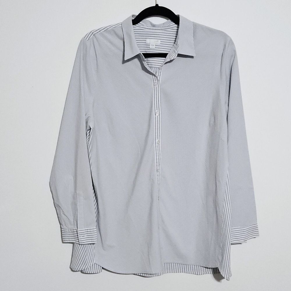 J Jill Button‎ Up Shirt Size L Blue Haze White Multi Striped Tunic Length Blouse